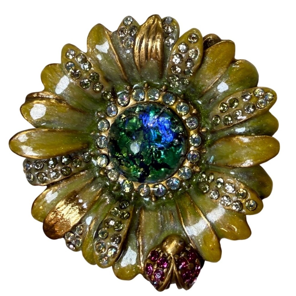 Jay Strongwater Sunflower Brooch Ladybug Enamel Swarovski Crystal Gold Tone